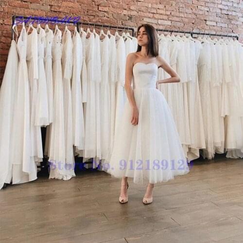 2021 White Tulle Wedding Dress Tea Length Sweetheart A-Line Cheap Beach Bridal Gown Mariage Vestido De Novia Aliexpress France