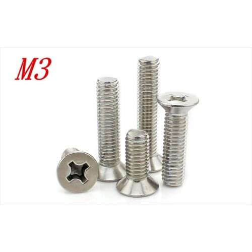 100pcs/Lot Metric M3*4/5/6/8/10/12/14/16-50mm 304 Stainless Steel Cross Flat Head Countersunk Head Screw Bolts Free Shipping