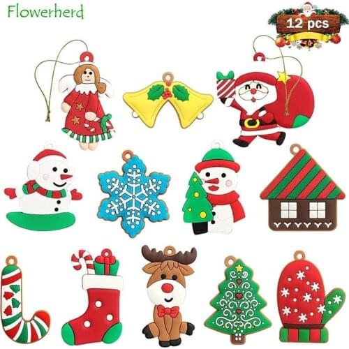 12pcs Soft PVC Christmas Image Rubber Silicone Pendant Decorations Christmas Ornaments for Decoration or Hanging Party Supplies