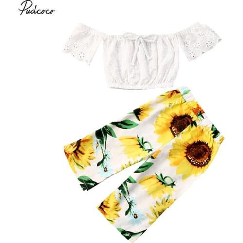 2020 Baby Summer Clothing Toddler Baby Girl Clothes Lace Off Shoulder Crop Tops Sunflower Pants 2PCS Outfits