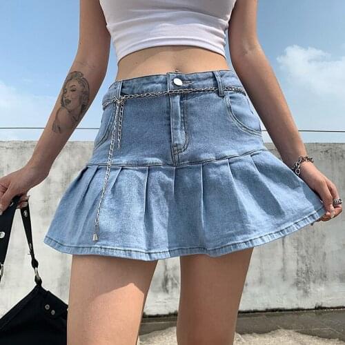 2021 Y2K Pink Denim Pleated Skirts Mini Solid Casual Woman Fashion Korean Style High Waist Skirt With Lined Hot Club Party