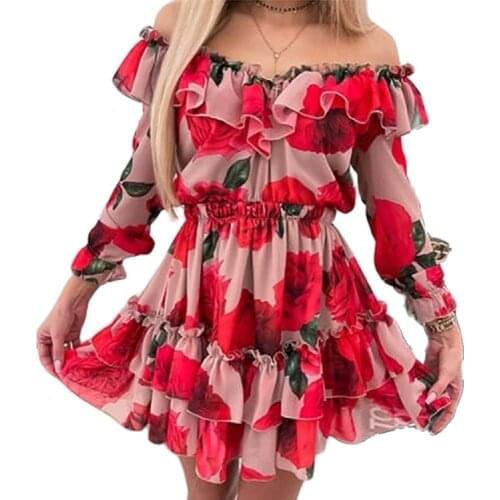 2021 Factory Price High Quality Autumn New Womens Sexy One-Shoulder Skirt Printed Wood Ear Cake Dress