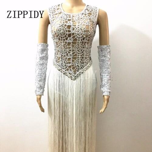 Silver Glisten Rhinestones Long Tassel Hollow Bodysuit Womens Costume Celebrate Party Performance Leotard Golves Outfit Clothes