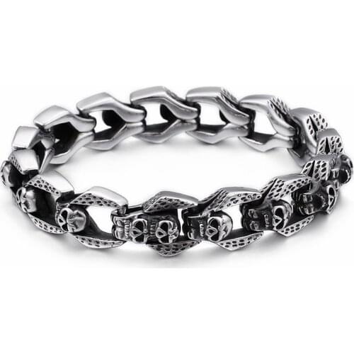 HAOLYNJOY Punk Stainless Steel Multiple Skull Heads Charm Bracelets Men 22cm Biker Wrap Handchain Bracelet Jewelry