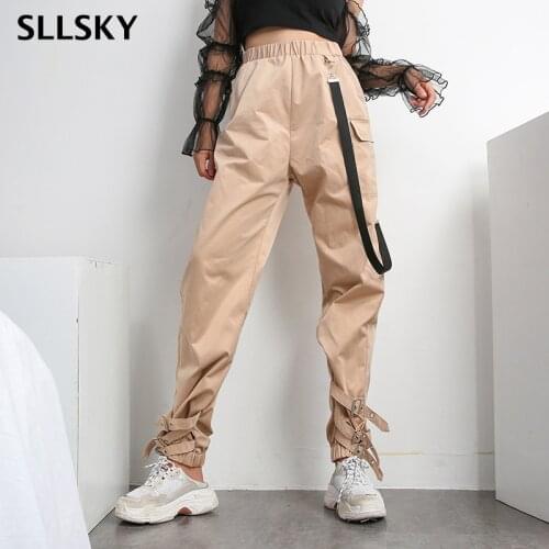 SLLSKY Women Streetwear Cargo Pants Casual Fashion Elastic High Waist Joggers Trousesr Solid Loose Buckle Hip Hop Long Pants