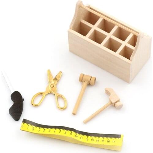 1/12 Dollhouse Wooden Toolbox with Metal Tools Set Miniature Repair Kits Decoration for Doll House Accessories Furniture Toys