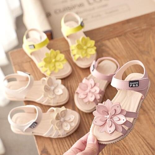 Baby Girl Children Leather Sandals New Sandals Kids Summer Girls Shoes Flower Child Sandals White&Yellow&Pink Shoes Girls