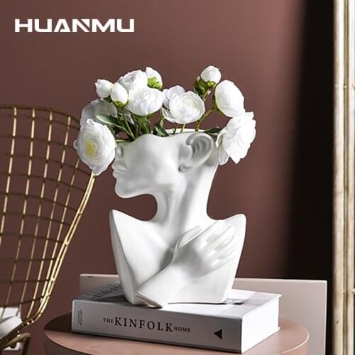 Ceramic Vase Half Face Statue Flower Pot Art Bust Portrait Home Decor Furnishings Room Decoration Vase Offices Desktop Ornaments