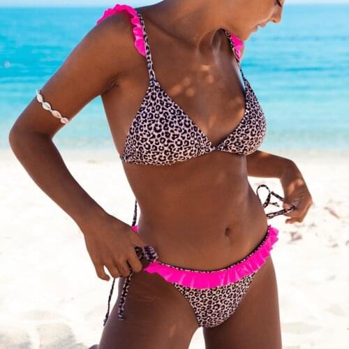 Womens Sexy Quick-Drying Stretch Adjustable Split Low-Cut Swimsuit Hot Leopard Print Ruffled Contrast Color Halter Strap Bikini