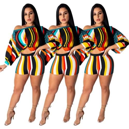 LINLING Womens 2 Piece Boho Stripe Long Puff Sleeve Knot Front Crop Top with Shorts Sets