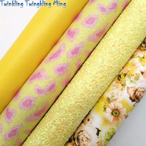 Twinkling Twinkling Ming Leopard Yellow Chunky Glitter Leather Rose Flowers Synthetic Vinyl Faux Leather Fabric 21X29CM KM520