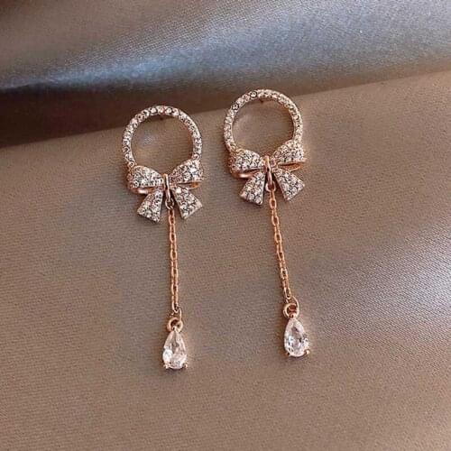 Fashion Circle Earrings for Women Rhinestone Rose Gold Color Bow Drop Tassle Earrings Long Korean Jewelry Gift