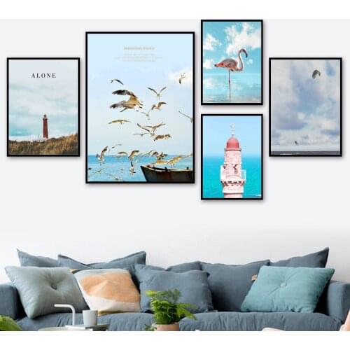 Island Scenery Lighthouse Seagull Flamingo Wall Art Canvas Painting Nordic Poster And Prints Wall Pictures For Living Room Decor