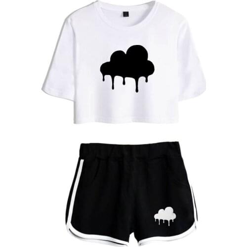 New Fashion Dixie DAmelio CLOUDED Exposed Navel White T-shirt+Black Shorts Womens two-piece Sets Casual Girls Summer Suits