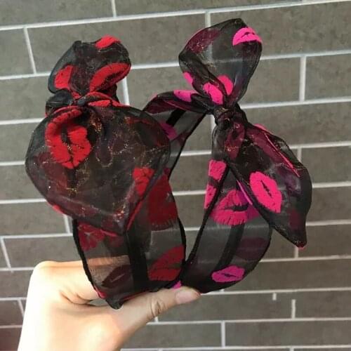 Korean Boutique Hairband Lace Chiffon Rabbit Ears Cloth Bow Headband Women Bezel Hair Head Hoop Bands Accessories Girl Headwear