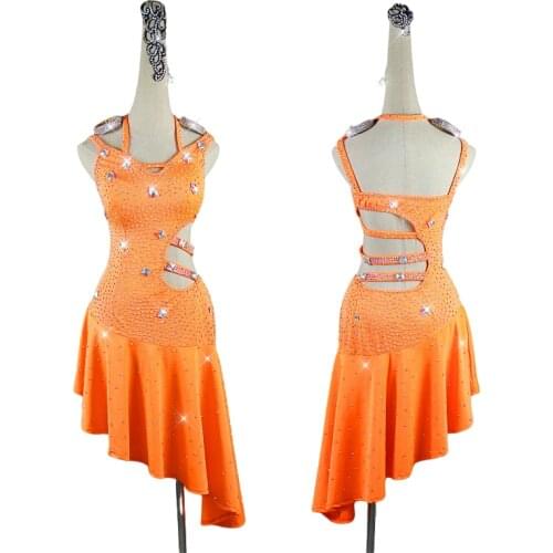 High-end Latin Dance Dress Women Performance Outfit Orange Sexy Leaky Back Dresses Rhinestone Ladies Summer New Style Costume