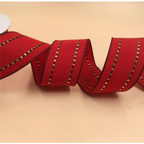 N2063 38mm X 25yards Wired Red Grosgrain Ribbon W/ Gold Stitches Lines. Gift Bow,wedding,cake Wrap,tree Decoration,wreath