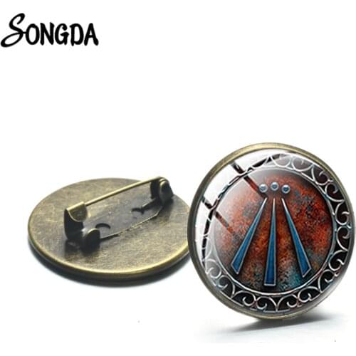 Retro Awen Druid Symbol Brooch Antique Bronze Color Picture Glass Cabochon Lapel Pin Shirt Clothes Collar Pin Decorative Jewelry