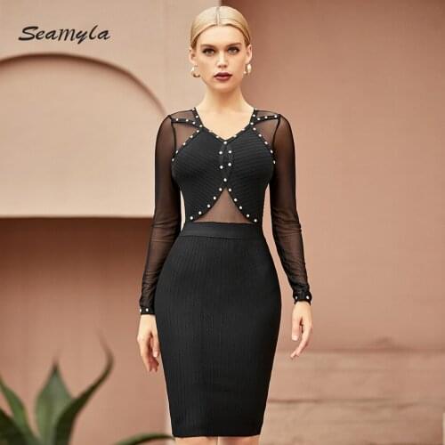 Seamyla 2021 New Summer Women Lace V-Neck Long Sleeve Bodycon Bandage Dress Beading Black Sexy Celebrity Runway Party Club Dress