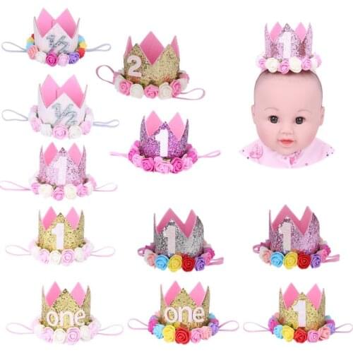 Cute Newborn Infant Baby Birthday Crown Sparkly Artificial Rose Flowers Tiara Headband Baby 1 2 Year Birthday Party Decorations