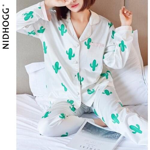 Spring Thin Long-sleeved Ice Silk Pajamas Cactus Printing Lapel Sleepwear Satin Lounge Wear 2 Piece Set Summer Sexy Pijama Mujer