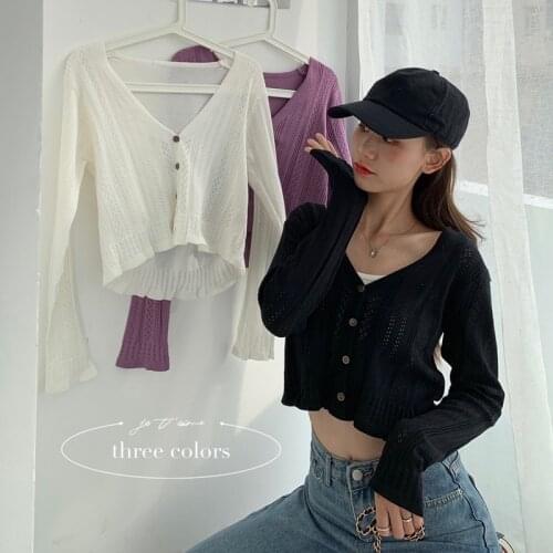 Summer Korean version of thin V-neck long-sleeved sweater female student short cardigan top