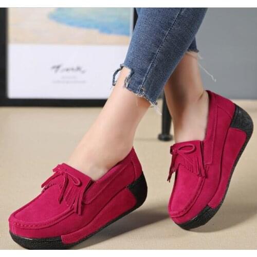 Women Genuine Leather Flats shoes Platform Loafers Woman Creepers Lace Up Driving Thick-bottomed fringe tie Female Casual Shoes