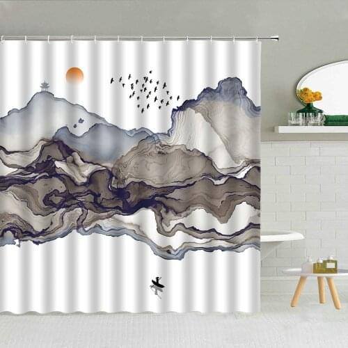 Chinese Style Shower Curtain Landscape Bird Scenery Waterproof Polyester Fabric Ink Painting Home Decoration Bathroom Curtains