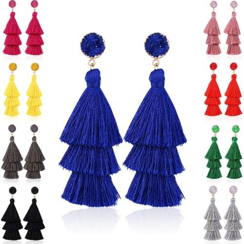 HOCOLE Bohemian Tassel Drop Earrings for Women Fashion 3 Layered Tassel Crystal Long Earrings Female Geometry 2019 Jewelry