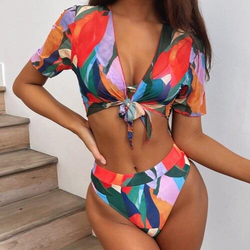 Women Three-piece Swimming Clothes Set Tangerine Printed Pattern Bikini Tops Shorts and Cover Up Crop Tops