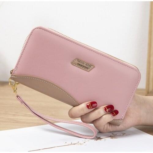 Women High Quality Contrast Color Pu Leather Wallet Female Long Zipper Coin Purse Wrist Strap Clutch Bag Credit Card Holder