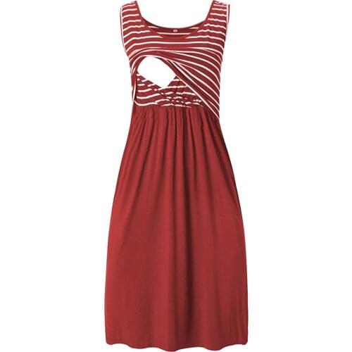 Sleeveless Solid Color Maternity Nursing Dress Womens Summer Striped Print Stitching Breast-feeding Pregnant Tank Dresses