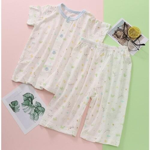 2 Pcs Baby Short Sleeve Children Clothing Girl Cartoon Buttons Pyjamas Style Summer Boys girls Front Opening Flat Waist Suit