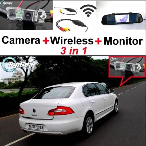 3 in1 Special Rear View Camera + Wireless Receiver + Mirror Monitor DIY Parking System For Skoda Superb B6 Super b 3 T MK2 Rapid