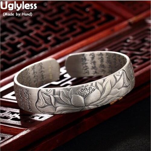Uglyless Buddhism Heart Sutra Wide Bangles for Women Real 99.9% Full Silver Lotus Open Bangles Religious Gifts Thai Silver Jewel