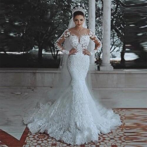 Shinny Tulle Mermaid Wedding Dress Dubai African Bride Marriage Full Sleeves Bridal Gowns Formal Robe De Mariee