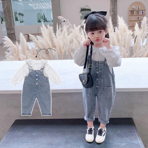 Kids Denim Jumpsuit Suit 2020 Autumn Girls Doll Collar Lace Top White Shirt + Childrens Denim Jumpsuit Casual Pants 2PCS Set