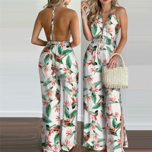 Fashion Women Halter Floral Split Wide Legn Pants Trousers Overalls Playsuits Solid Summer Romper Jumpsuit Women Clothes