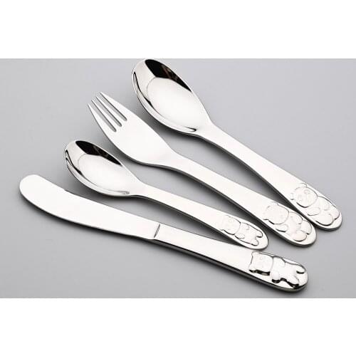 4pcs Baby Dishes Stainless Steel Teaspoon Spoon Fork Knife Utensils Set Baby Kids Learning Eating Habit Children Tableware