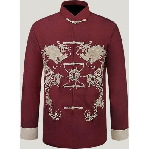 Autumn New Mens Long Sleeve Frock Traditional Chinese Tang Suit Embroider Dragon Coat Kung Fu Jacket Coat Casual Clothing