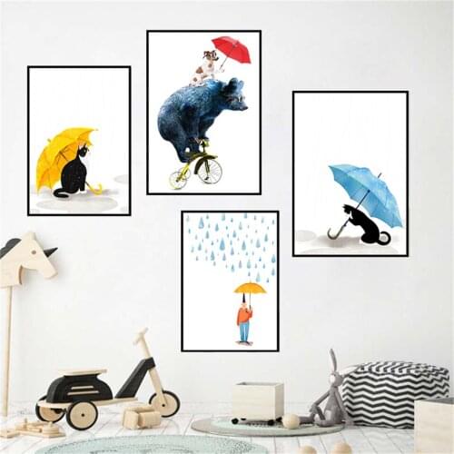 Bear Cat Bicycle Umbrella Wall Art Canvas Painting Posters And Prints Nursery Wall Pictures Baby Kids Girl Boy Room Decoration