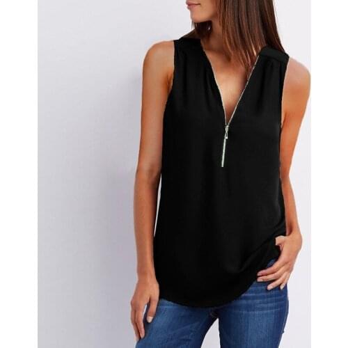 2019 Explosions V-neck Zipper Sleeveless Loose Chiffon Shirt Vest 17 Color korean plus size women tshirt graphic shirt QP020