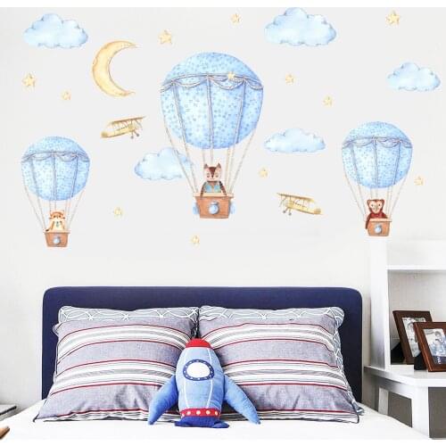 Cartoon Hot Air Balloon Wall Stickers Animals Sky Stars for Kids Room PVC Waterproof Removable Wall Decals for Living Room Mural
