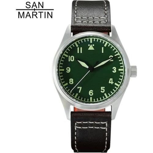 San Martin Mens Automatic Pilot Watches Sapphire Glass NH35 movment 20ATM Leather Strap Mechanical Watch for Male часы мужские