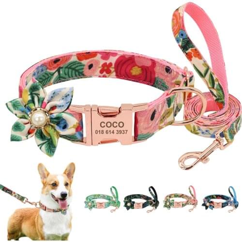 Custom Engraved Dog ID Collar Nylon Pet Leash Personalized Dogs Flower Collars With Cute Flower For Small Medium Large Dogs