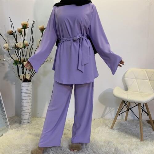2021 Solid Color Long Sleeve Top Wide Leg Pants Muslim Ladies Suit Muslim Ladies Long Sleeve 2-Piece Set Abaya Islamic Clothing