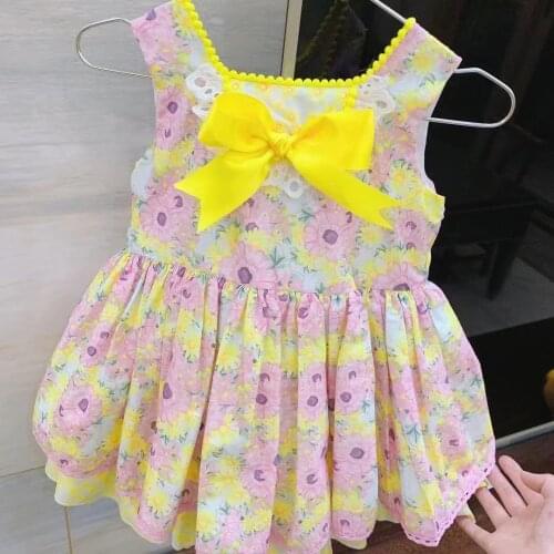 4-10Y Summer Spanish Princess Lolita Sunflower Pink Flowers Bow Sleeveless Layered Dress For Baby Girls Birthday Party Easter