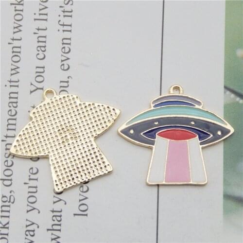 Julie Wang 3PCS Enamel Cartoon UFO Charms Alloy Gold Tone Spaceship Pendant Bracelet Jewelry Making Accessory