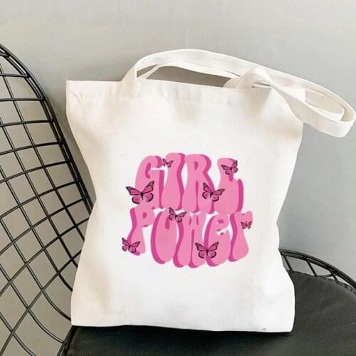 Shopper Girl Power with Butterflies Bag Harajuku women Shopping Bag Canvas Shopper Bag girl handbag Tote Bag Shoulder Lady Bag