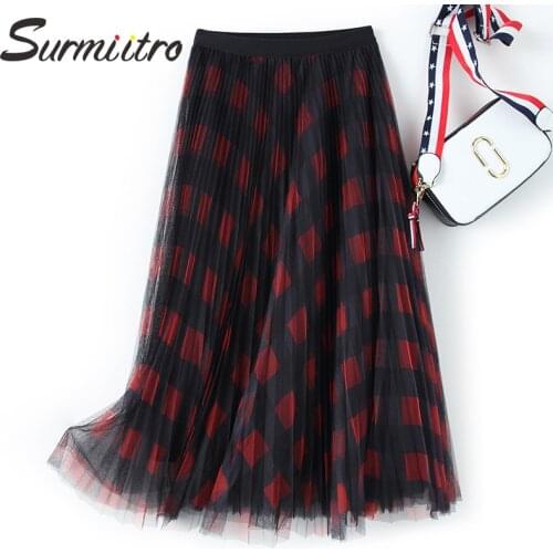 SURMIITRO Long Tulle Skirt Women For 2021 Spring Summer Korean Style Red Green Black Plaid Pleated High Waist Midi Skirt Female
